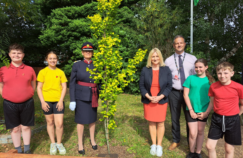 Suzanne Webb MP with Elizabeth Foster, Deputy Lieutenant for the West Midlands Lieutenancy, Headteacher Dominic Simpson, and pupils from Colley Lane Primary Academy