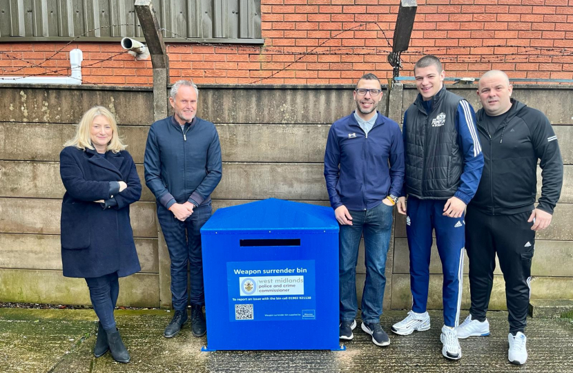 Suzanne Webb MP, Ade Passey, Jason Connon and Carl Collins with the knife bin